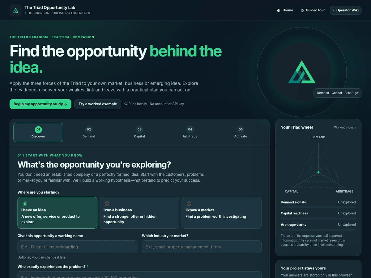 Actual screenshot of the Triad Opportunity Lab showing its Discover workflow and live Triad wheel